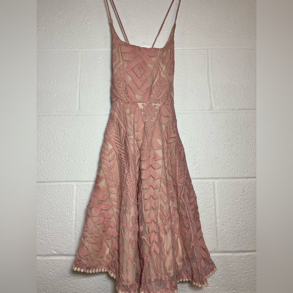 Elegant Sheer Pink Detailed Lace Up Back Dress